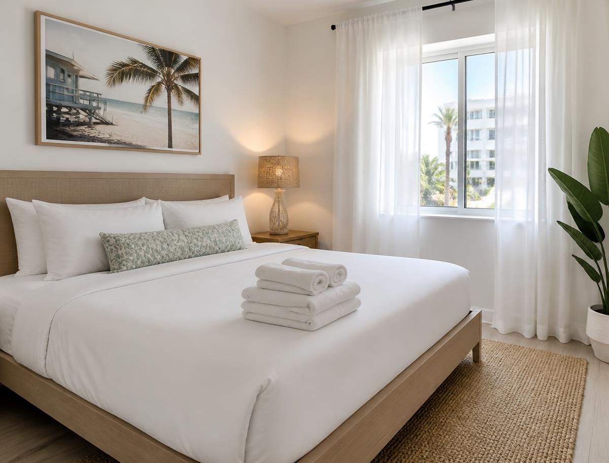 Bed made with fresh white linens and folded towels after an Airbnb turnover in Miami