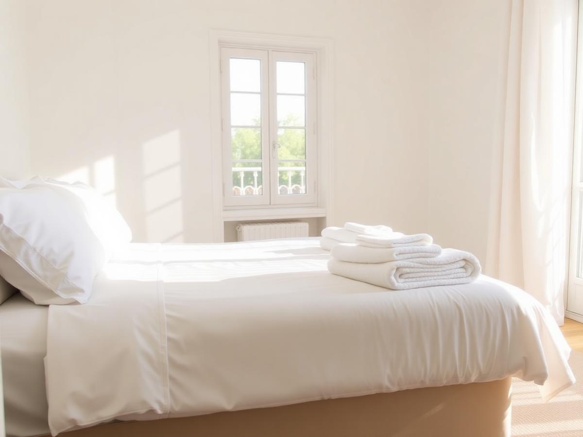 Freshly made bed with white linens and folded towels after an Airbnb turnover cleaning in Miami